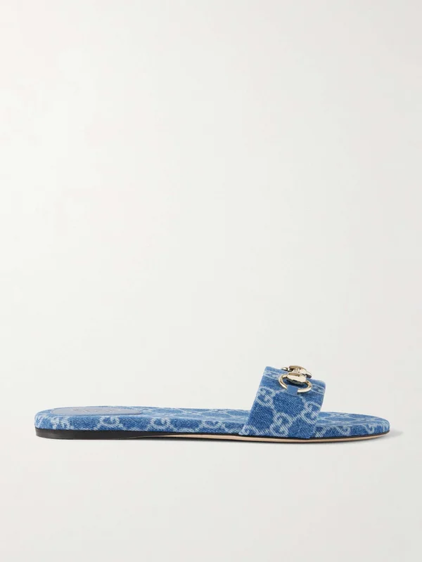 GUCCI Horsebit-embellished printed denim slides