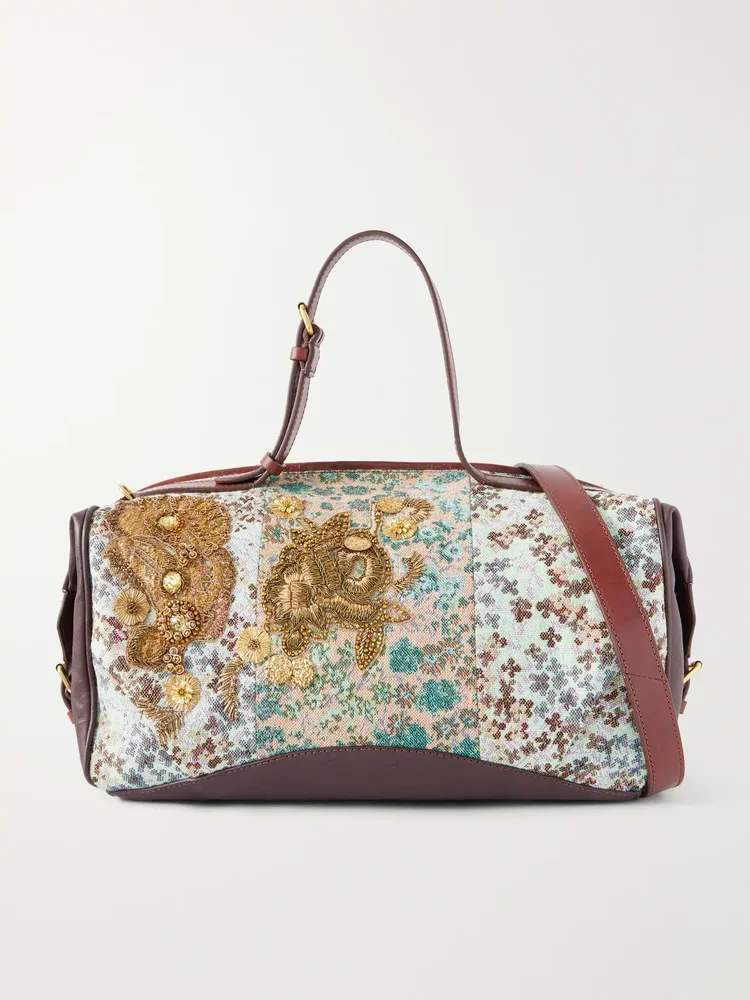 Bead-embellished leather-trimmed floral-jacquard weekend bag