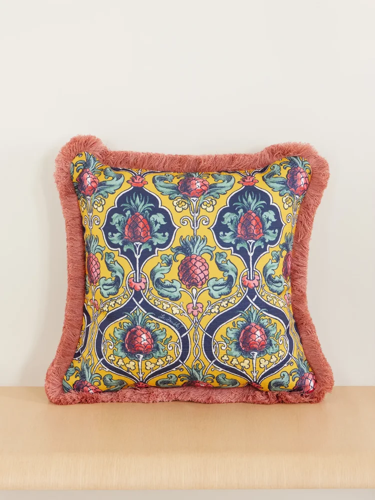 Floral-printed fringed-trimmed cushion