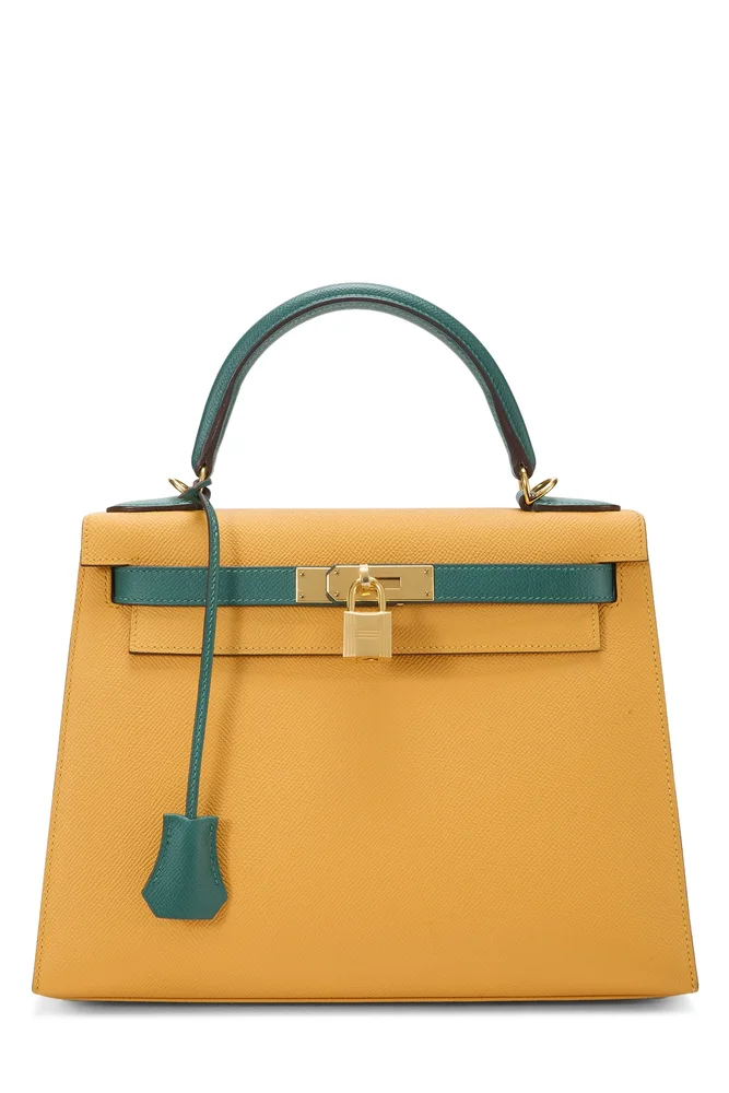 Pre-Owned Kelly Sellier 28 Jaune d'or and Menthe Epsom Horseshoe