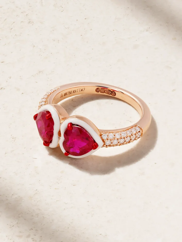 Twin Heart 18-karat rose gold, ruby, diamond and enamel ring