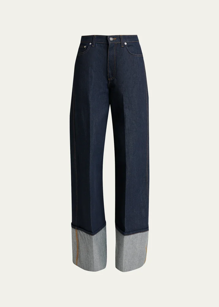 Turn-Up Wide-Leg Denim Trousers