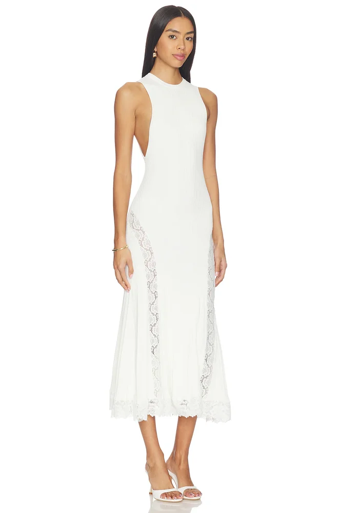 White Knit Lace Insert Midi Dress