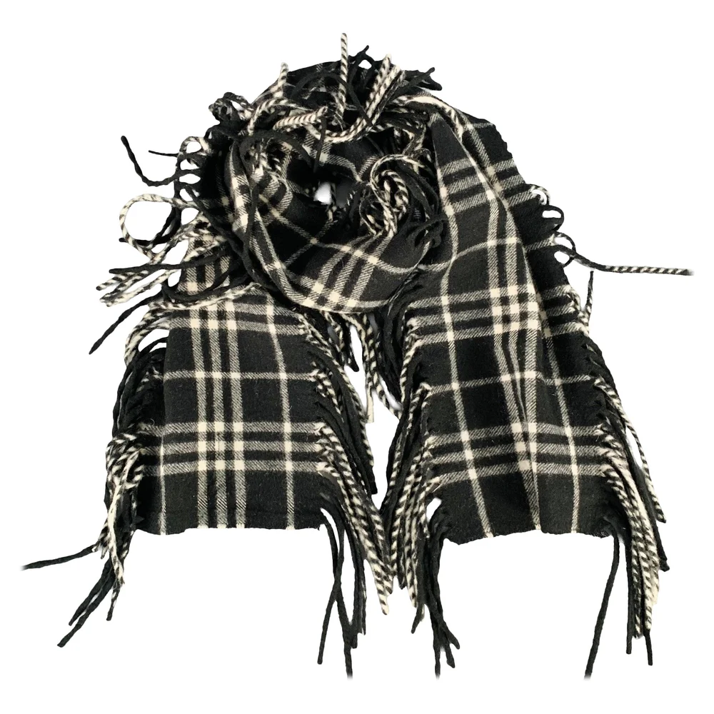 Pre-Owned Black White Plaid Fringe Trim Cashmere Scarf