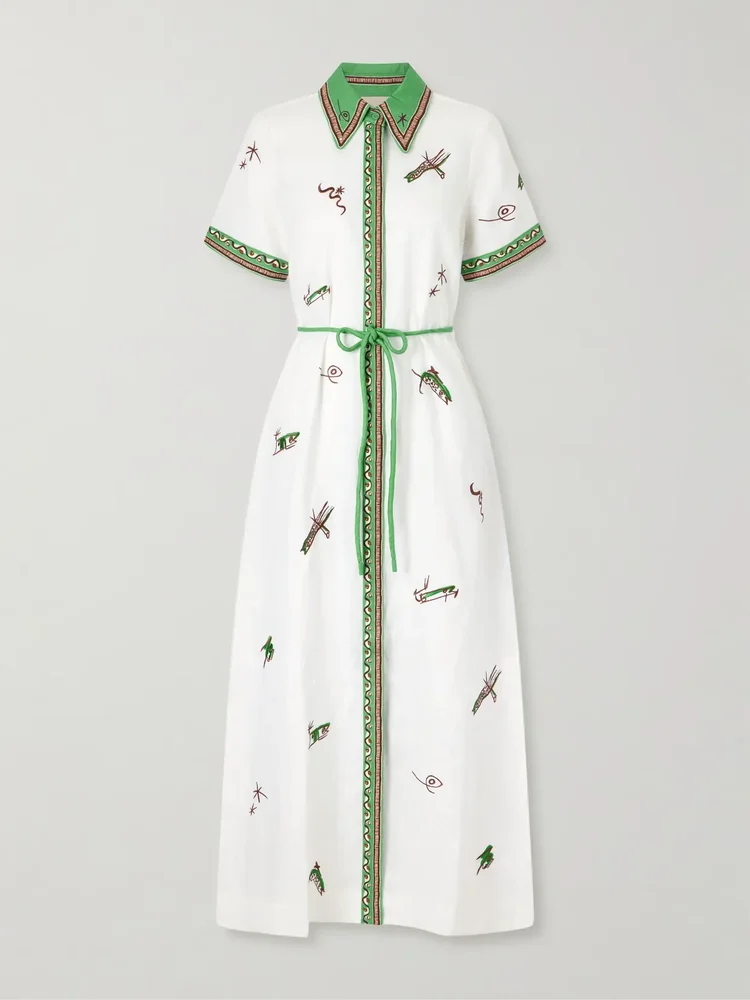 Wanda belted embroidered linen midi shirt dress