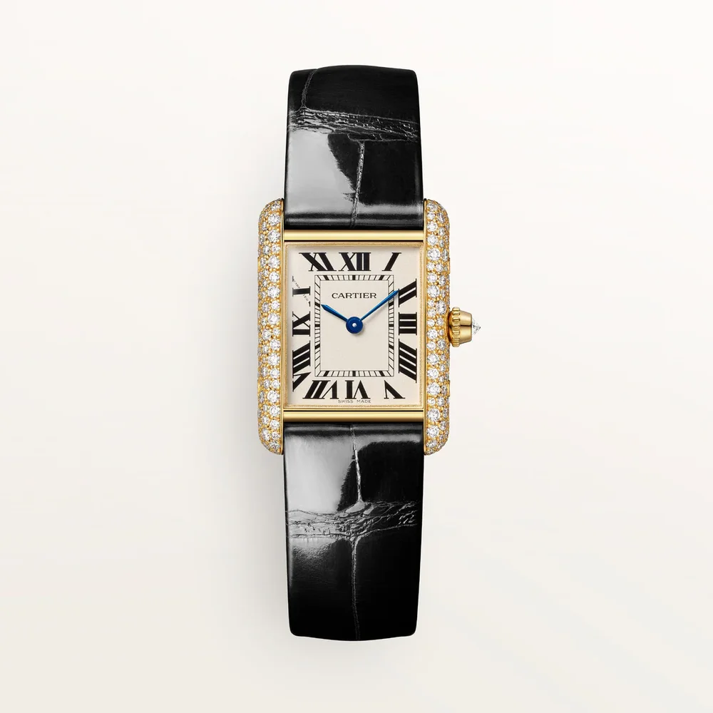 Tank Louis Cartier Watch Small, Quartz Movement, Yellow Gold, Diamonds, Leather