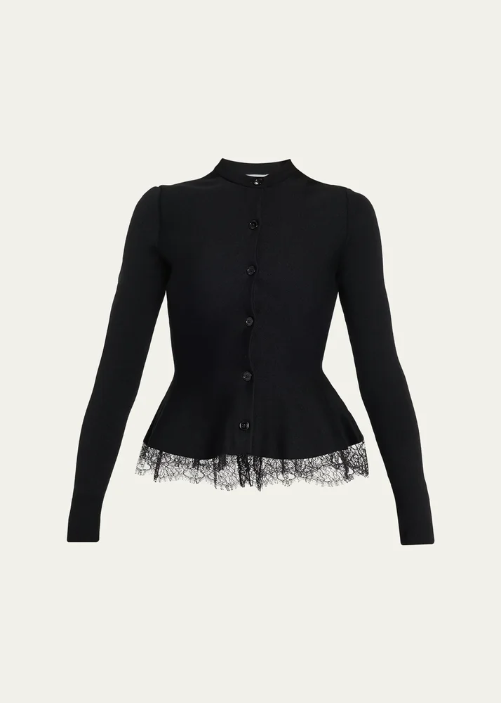 Lace-Trim Peplum Wool Crewneck Cardigan