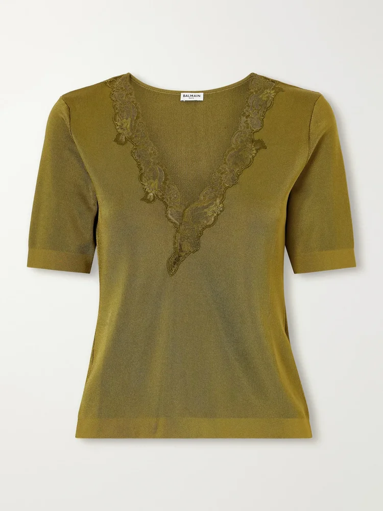 Lace-trimmed knitted T-shirt