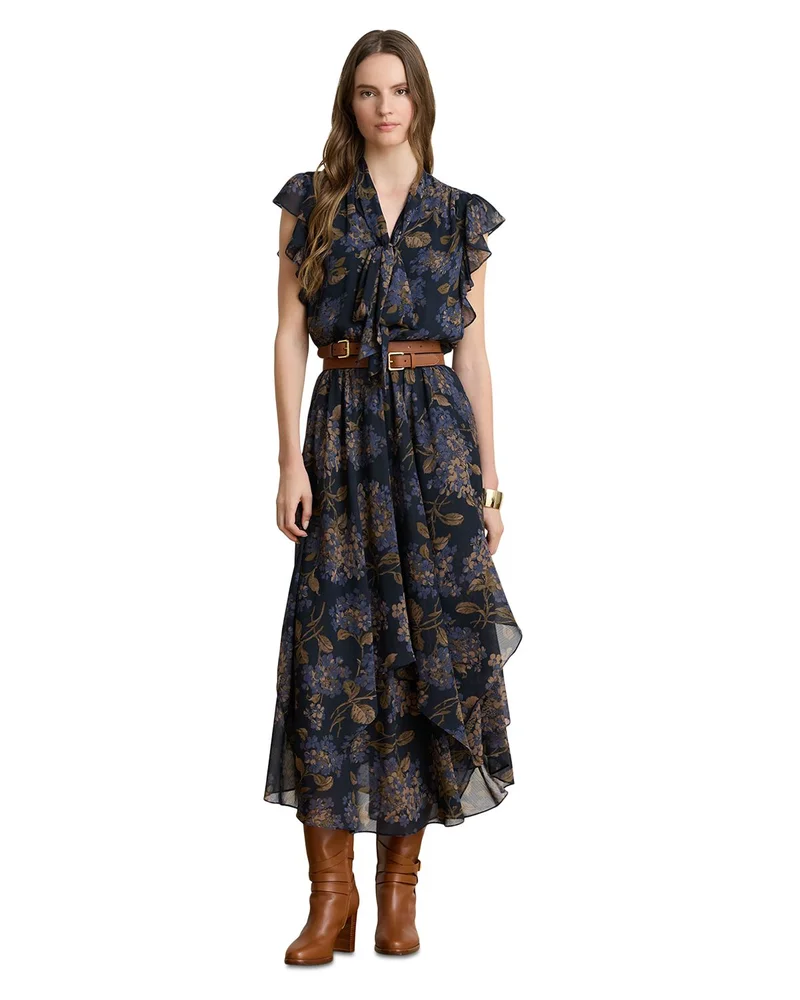 Crinkle Georgette Tie Neck Midi Dress