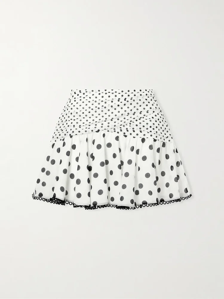 Noira ruched guipure lace-trimmed polka-dot cotton-blend voile mini skirt