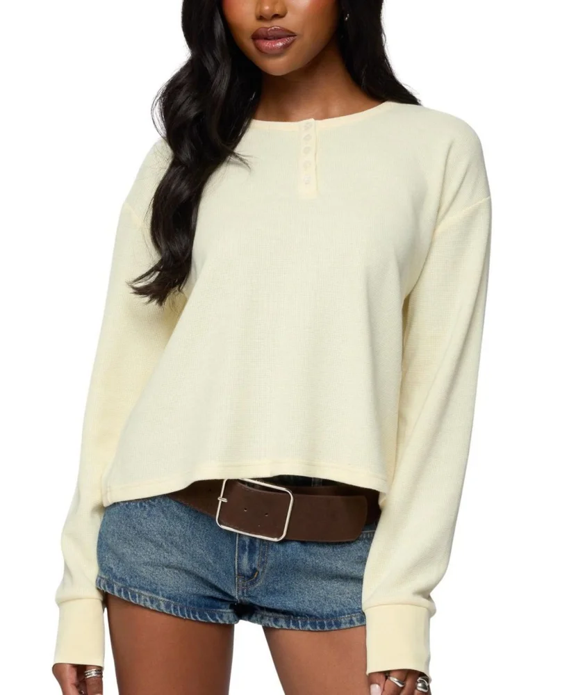 Deni Long Sleeve Henley Waffle Top