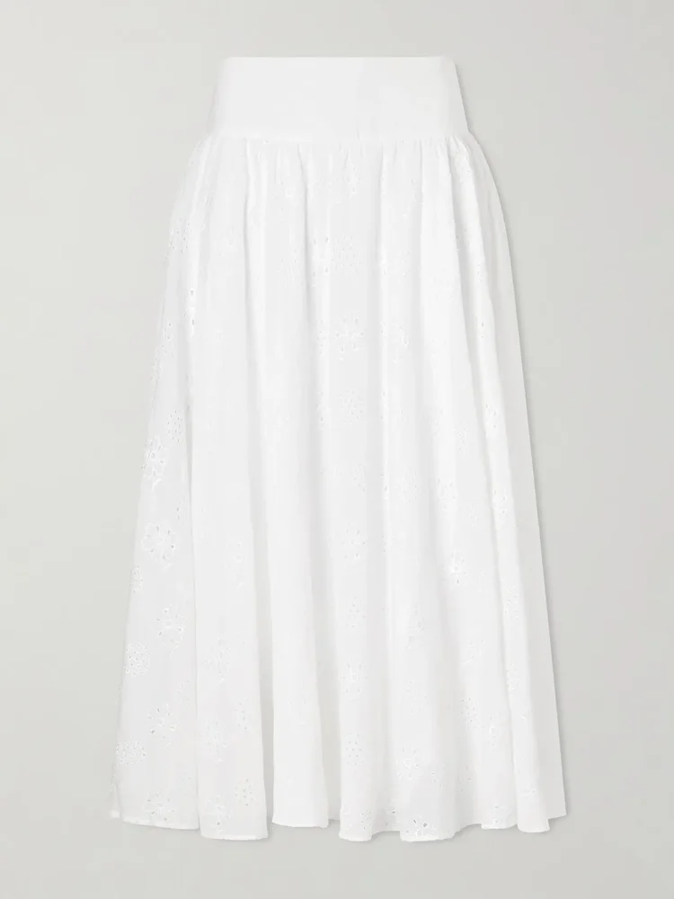 pamela pleated broderie anglaise cotton midi skirt