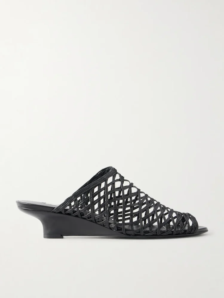 Woven leather wedge mules