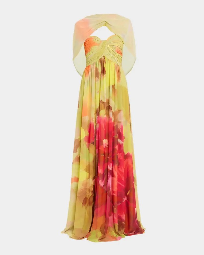 Draped Floral-Print Georgette Gown