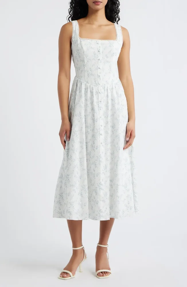 Becca Ditsy Floral Swiss Dot A-Line Midi Dress