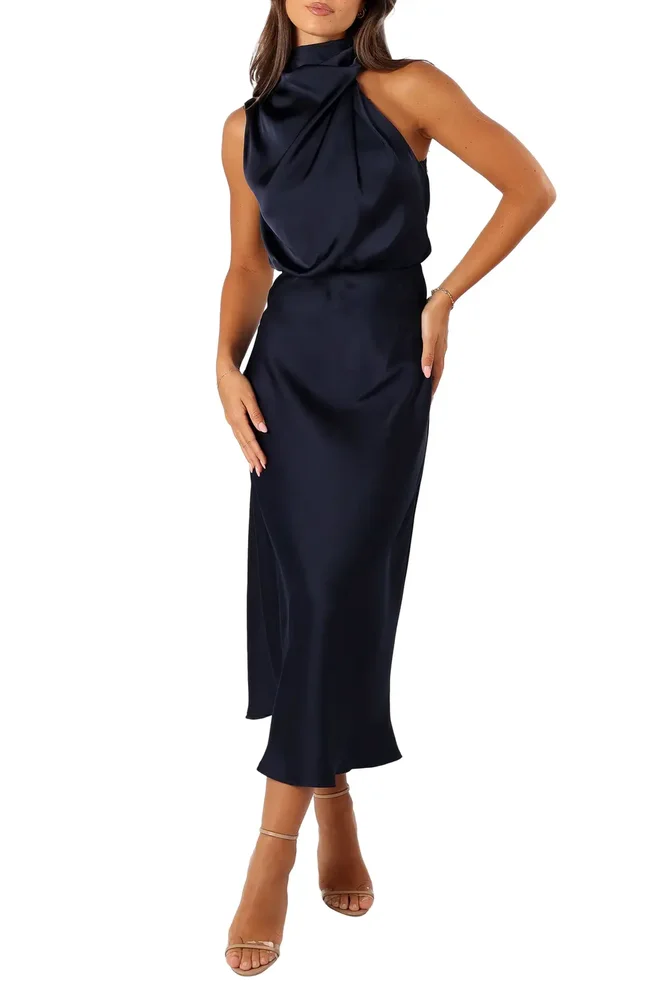 Anabelle Mock Neck Satin Midi Dress
