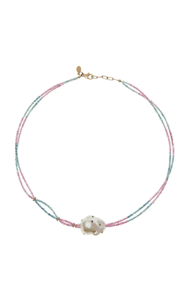 18K Yellow Gold Tourmaline Diamond Sapphire Pearl Necklace