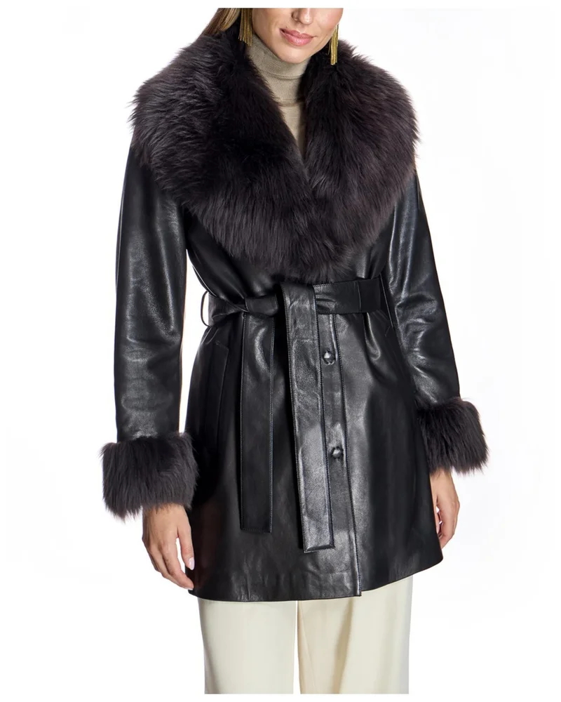 Belted Leather Coat with Shearling Collar
