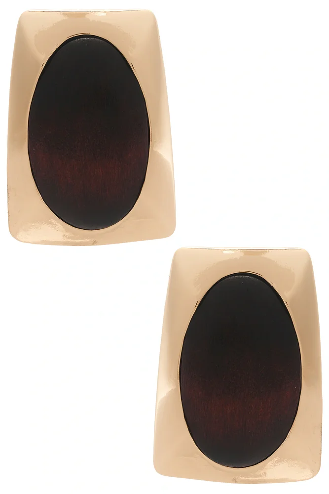 Rich Brown Center Dramed By Sleek Gold-tone Metal Earrings