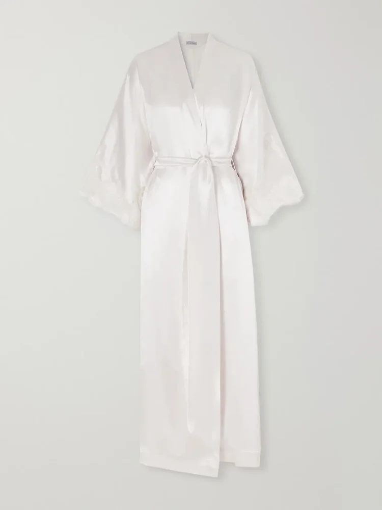 Belted lace-trimmed silk-satin robe