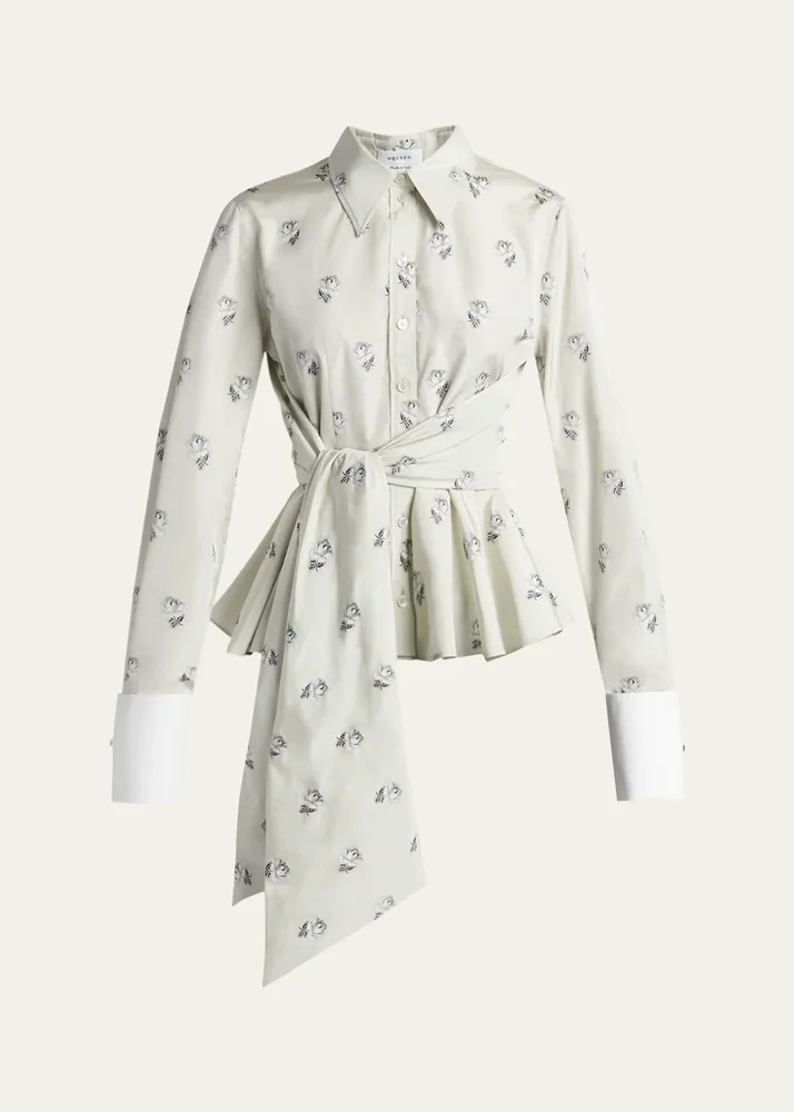 Floral Jacquard Taffeta Wrap Peplum Shirt