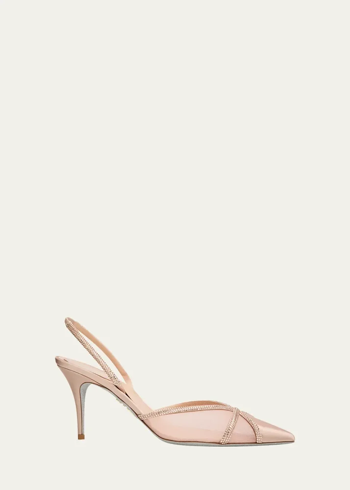 80mm Embellished Satin Mesh Slingback Pumps