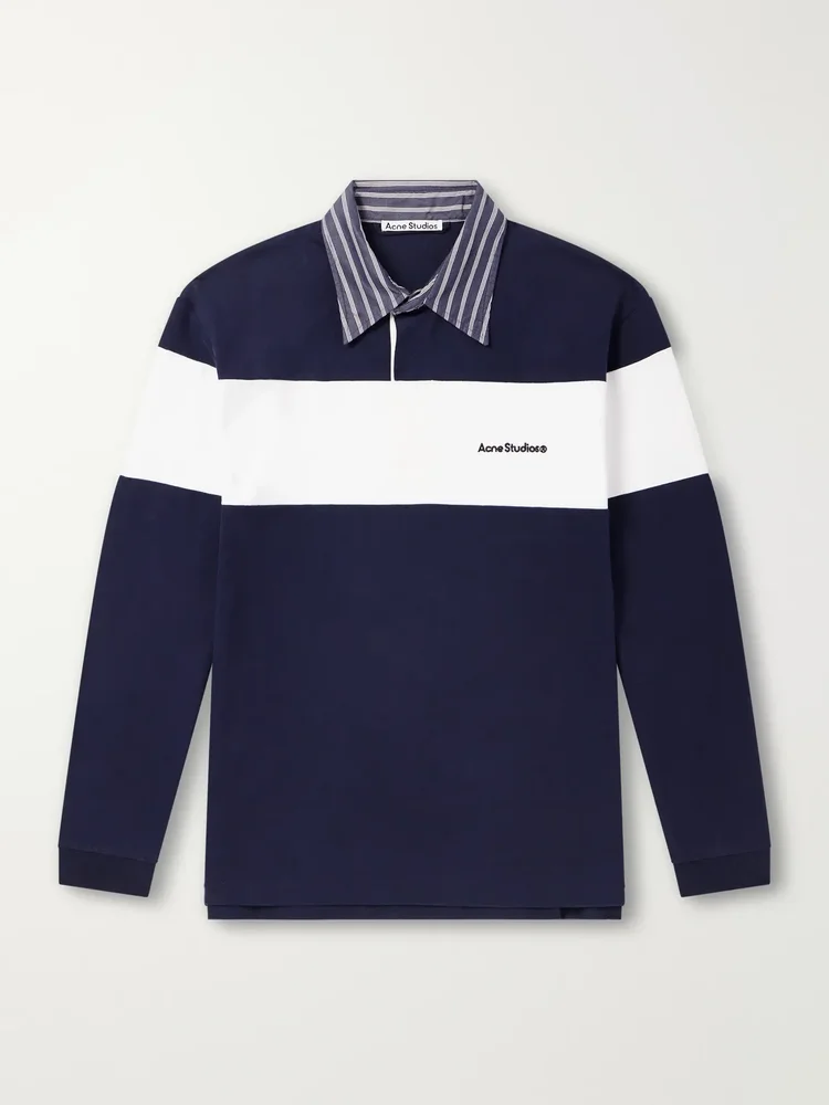 Logo-Embroidered Striped Poplin-Trimmed Cotton-Jersey Sweater
