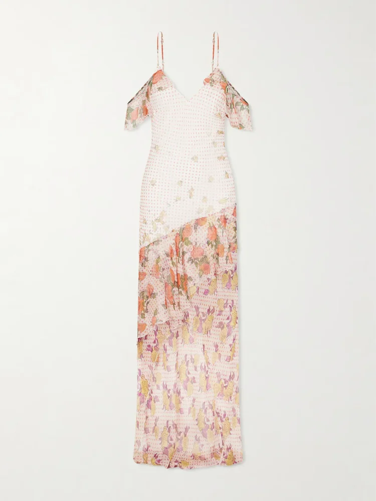 Pajaritos y Rosas printed ruffled silk-chiffon maxi dress