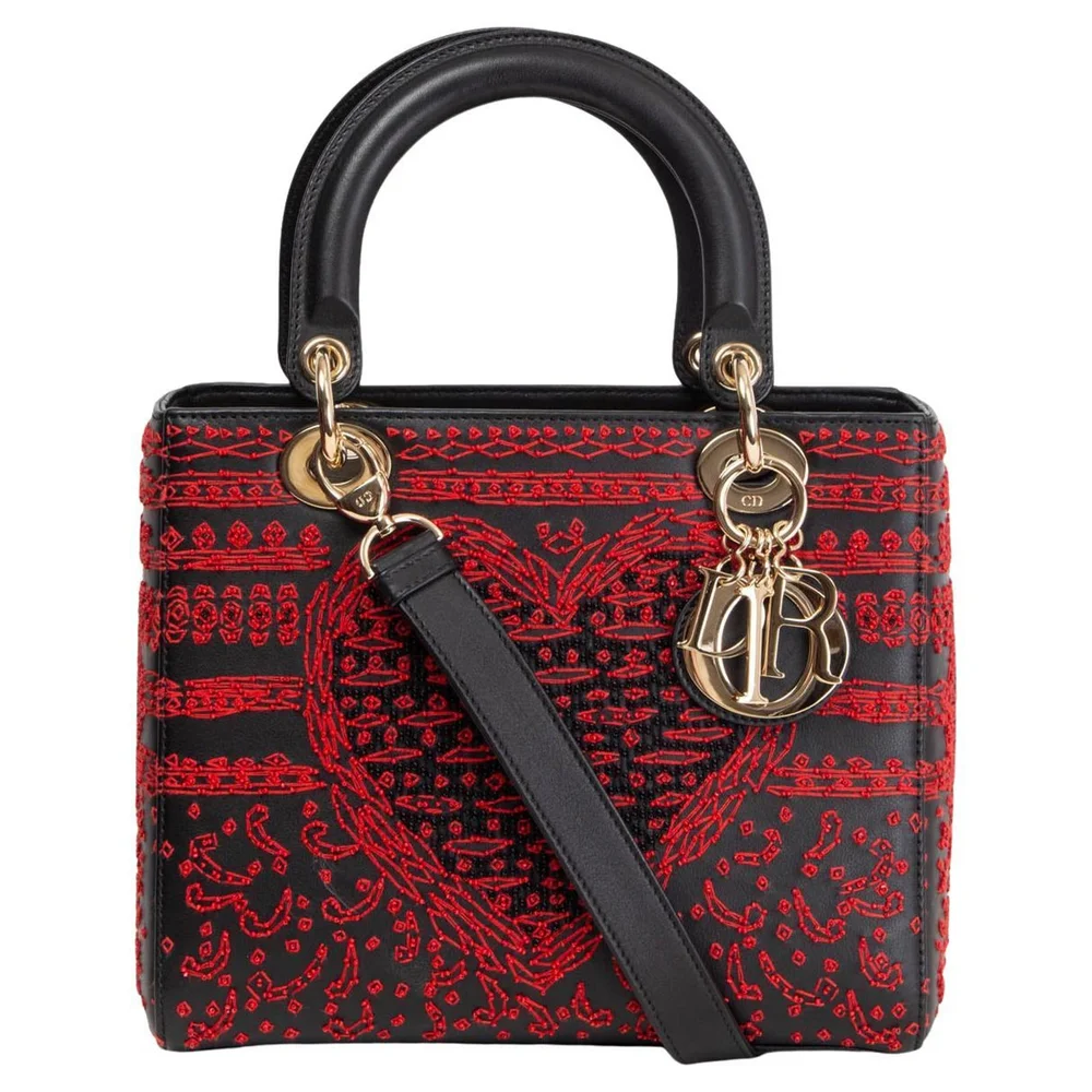 Pre-Owned Excellent Black and Red Heart Clover Embroidered Medium Lady Dior