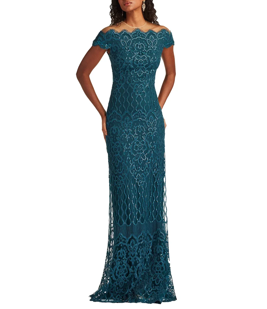 Off-The-Shoulder Scalloped Neck Embroidered Corded Sequin Gown
