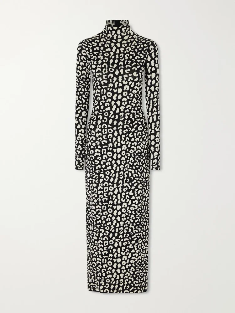 Leopard-patterned stretch-silk jacquard maxi dres