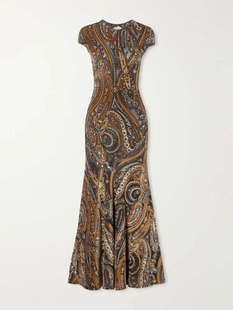 Open-back paisley devoré-velvet maxi dress