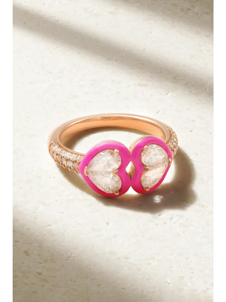 Heart 18-karat rose gold, diamond and enamel ring