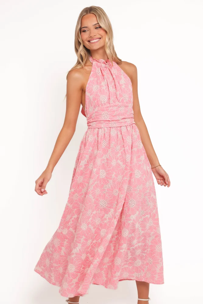 White Linen-Blend Halterneck Midi Dress