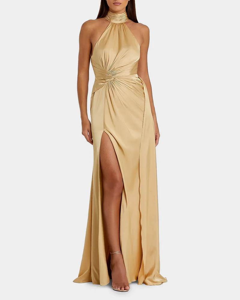Halterneck Open-Back Satin Gown