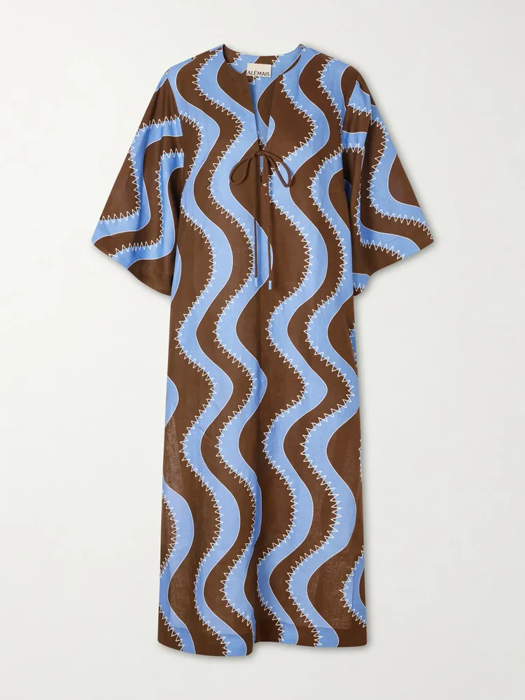 Tie-detailed embroidered linen midi dress