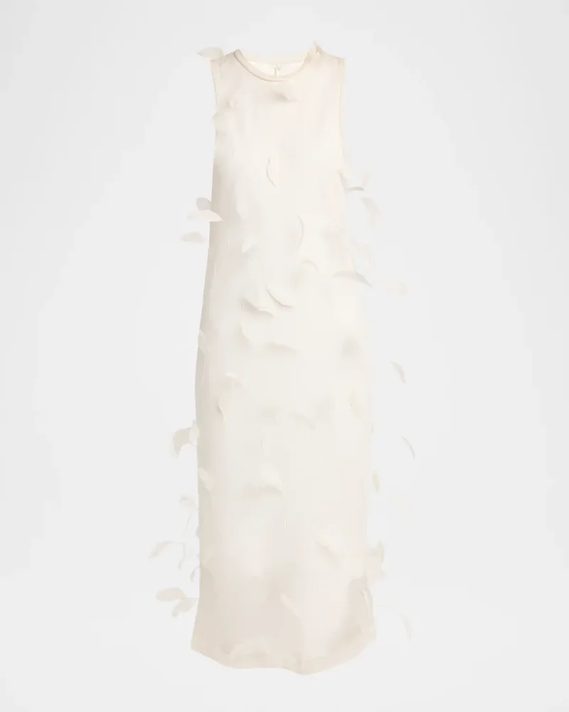Feather-Trim Sheer Silk Sleeveless Midi Dress