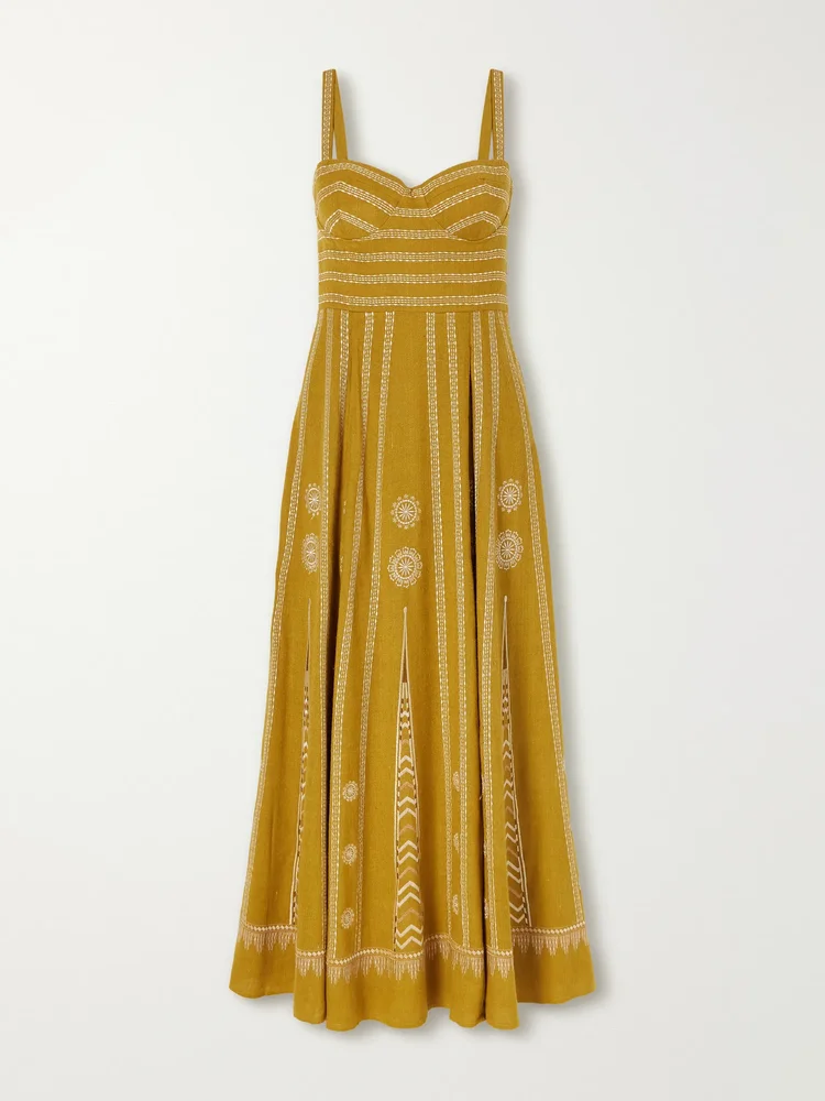 Elida pleated embroidered silk maxi dress