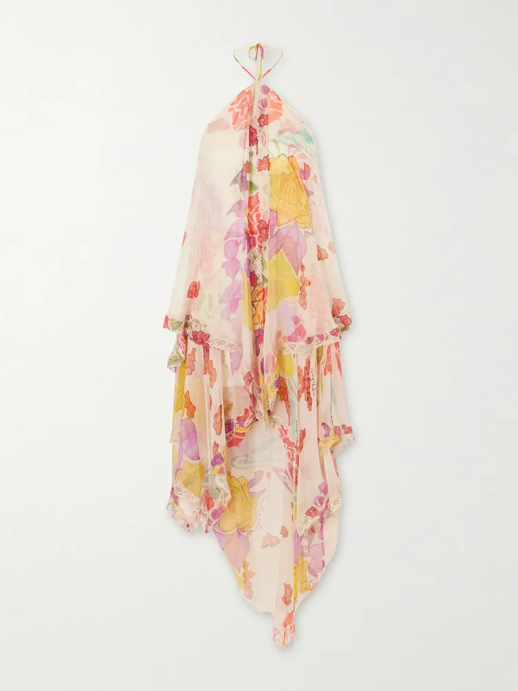 Flores ruffled asymmetric lace-trimmed silk-chiffon halterneck maxi dress