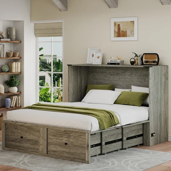 Farmhouse Queen Murphy Bed with Storage and USB Charging Station, Rustic Gray