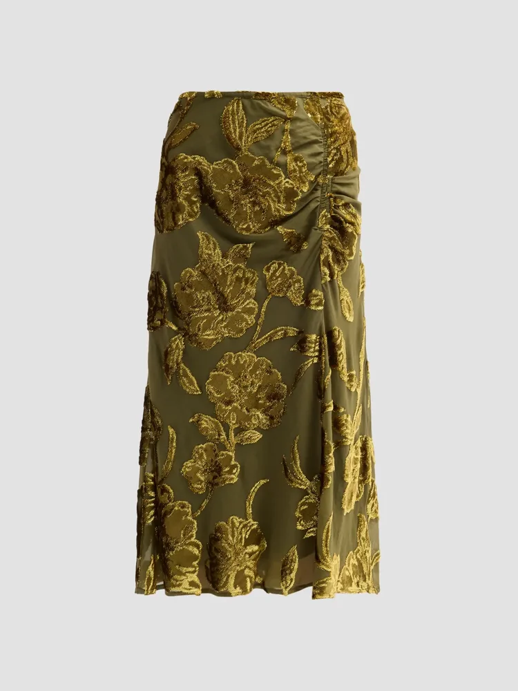 Endora Metallic-Embroidered Ruched Silk Midi Skirt