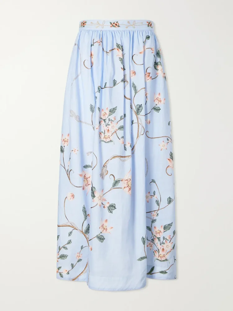 tangelo embroidered floral print linen maxi skirt