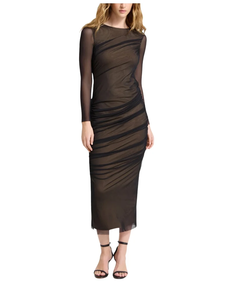 Gia Floating Mesh-Overlay Long-Sleeve Fitted Cocktail Dress