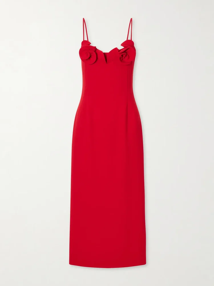 embellished wool blend crepe midi dress
