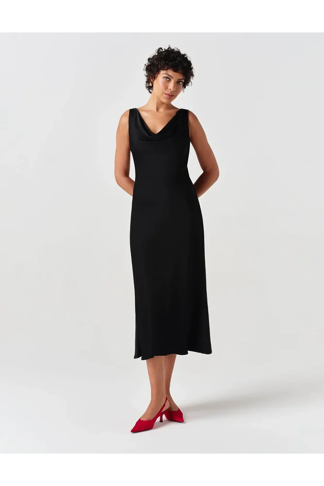 Arya Cowl Neck Satin Midi Dress