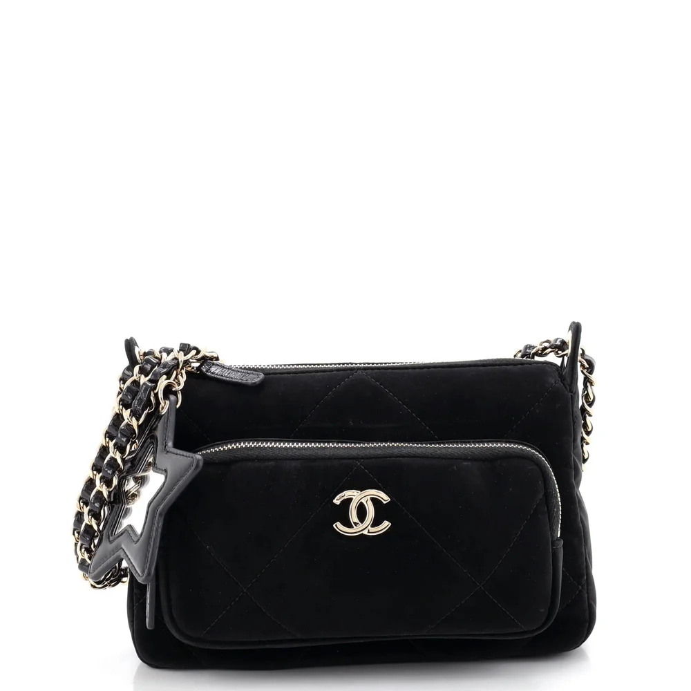 Pre-Owned 25 Clutch With Chain Quilted Velvet Effect Nylon and Shiny Crumpled Calfskin Small in Black, Gold Tone Hardware
