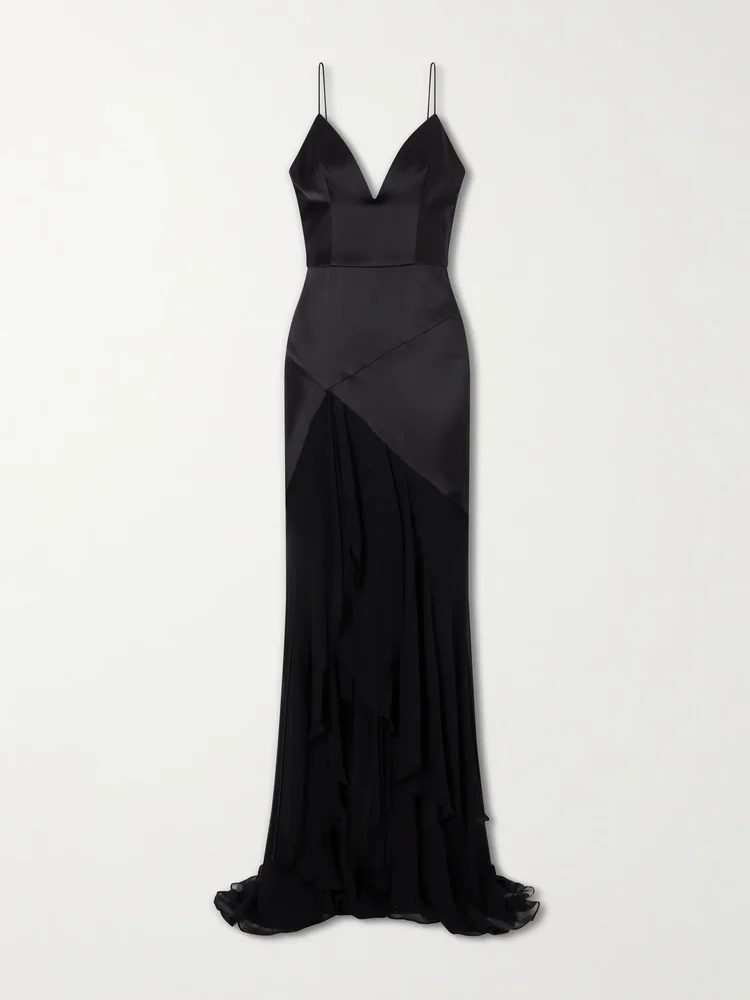 Paneled silk-satin and georgette gown