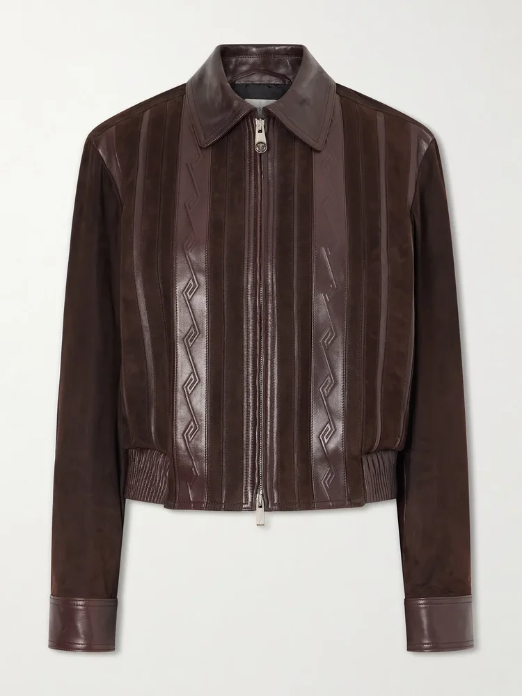 greca embossed leather and suede jacket