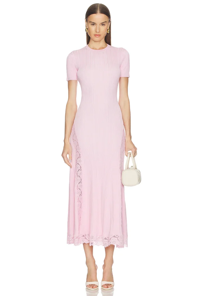 Pink Knit Lace Insert Midi Dress
