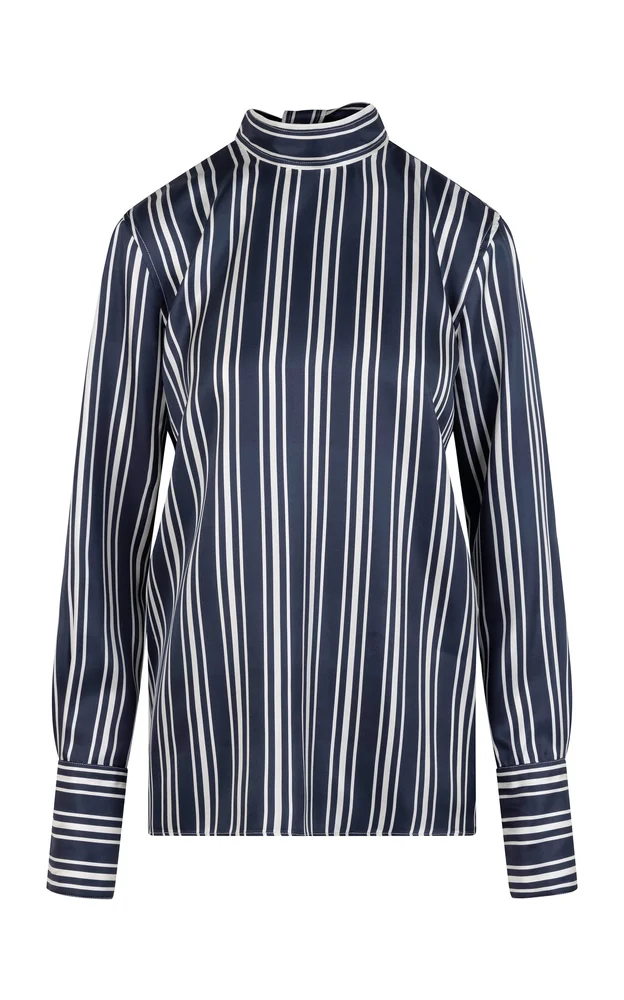 Cora Striped Silk Mock Neck Top